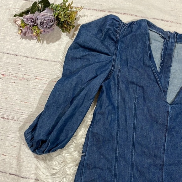 ZARA Denim Paneled V-neck Mini Dress With Puffed Sleeves - Picture 9 of 12